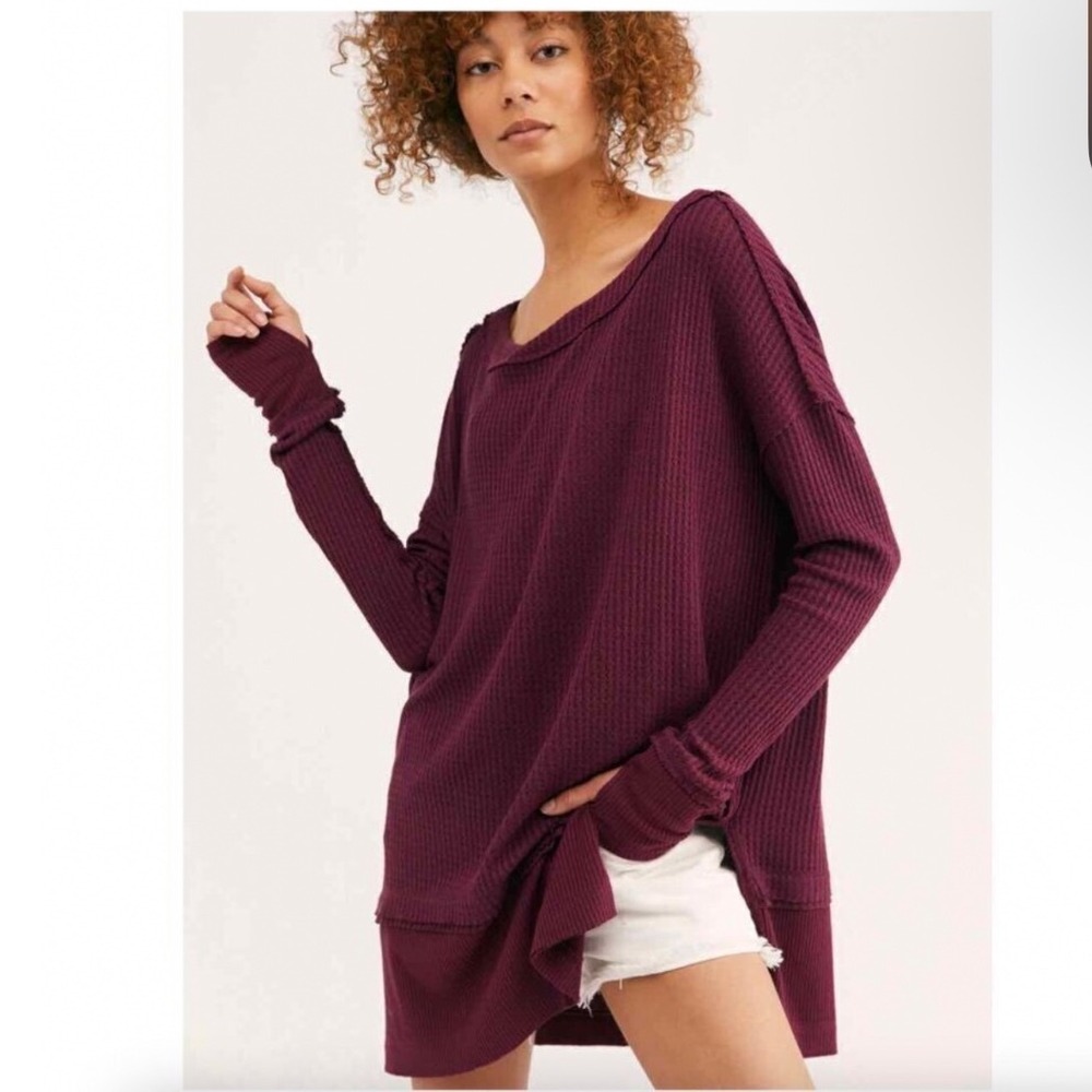 Free People We The Free Burgundy Thermal Waffle Knit Oversized Top Small